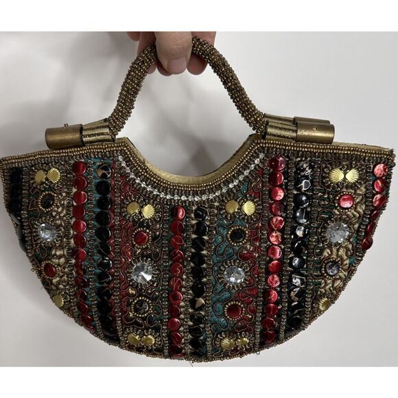 Beaded Party Handbag Bronze Brown Black Burgandy Beaded Gold Top Handle Boho
